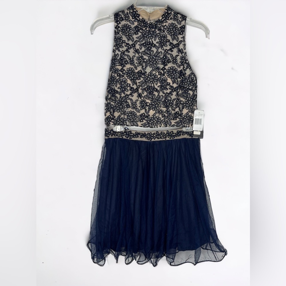 Jodi Kristopher Navy Blue and Tan Cocktail Formal Party Dress‎ 2-Piece Women's 7